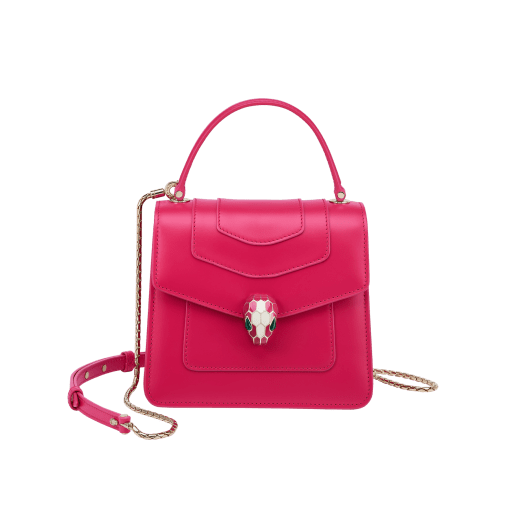 “Serpenti Forever ” top-handle bag in Lavender Amethyst lilac calf leather with Reef Coral red grosgrain inner lining. Iconic snakehead closure in light gold-plated brass embellished with black and white agate enamel and green malachite eyes 1122-CLb image 1