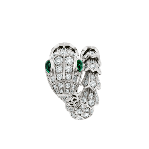 Serpenti 18 kt white gold ring set with pavé diamonds and two emerald eyes. AN858323 image 2