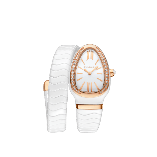 Serpenti Spiga Lady watch, 35 mm white ceramic curved case, 18 kt rose gold bezel set with brilliant cut diamonds. 18 kt rose gold crown set with a cabochon cut ceramic element, white lacquered polished dial, white ceramic single spiral bracelet with 18 kt rose gold elements. Quartz movement, hours and minutes functions. Water proof 30 m. 102613 image 1