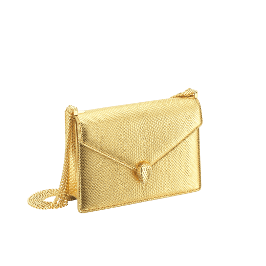 "Serpenti Forever" multichain shoulder bag in "Molten" light gold karung skin with black nappa leather inner lining, offering a touch of radiance for the Winter Holidays. New Serpenti head closure in light gold-plated brass, complete with ruby-red enamel eyes. 1107-MK image 2