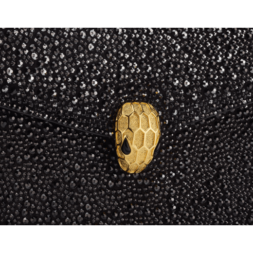Serpenti Forever small crossbody bag in natural suede with different-size gold crystals and black nappa leather lining. Captivating magnetic snakehead closure in gold-plated brass embellished with "diamantatura" engraving on the scales, and black onyx eyes. 422-CLf image 5