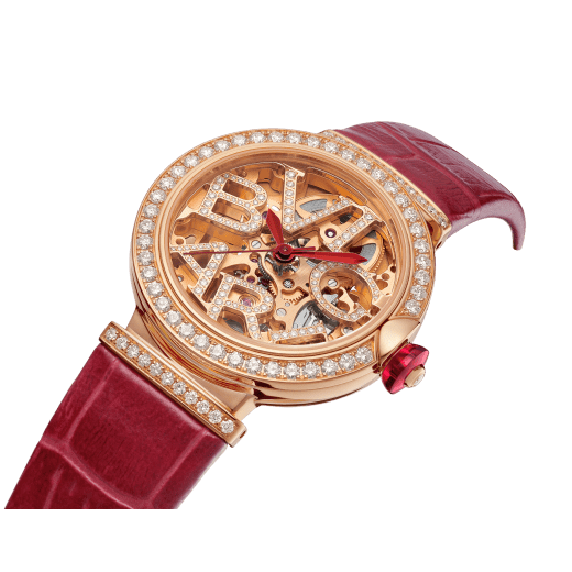 LVCEA Skeleton watch with mechanical manufacture movement, automatic winding, 18 kt rose gold case set with diamonds, openwork BVLGARI logo dial set with diamonds and red alligator bracelet 102833 image 2
