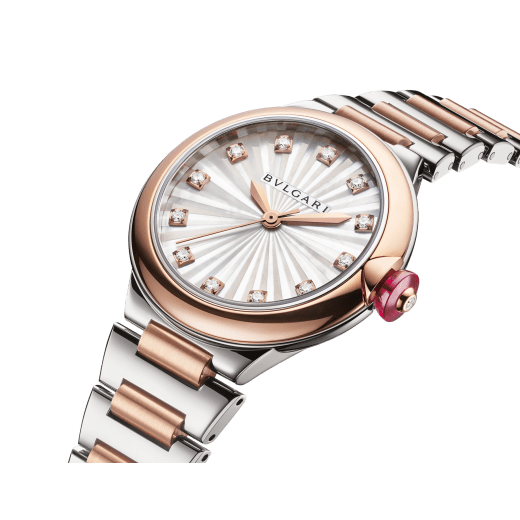 Lvcea watch in 18 kt rose gold and polished, satin-brushed stainless steel with automatic movement, white mother-of-pearl intarsio dial and 12 diamond indexes. Water-resistant up to 50 metres 103730 image 2