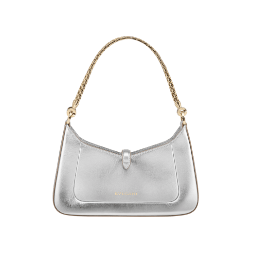 Serpenti Baia small shoulder bag in silver Striated calf leather with foggy opal grey nappa leather lining. Captivating snakehead magnetic closure in light gold-plated brass embellished with brushed grey enamel and light gold-plated brass scales and black onyx eyes; additional zipped top closure. SEA-001-1274S-STRI image 3