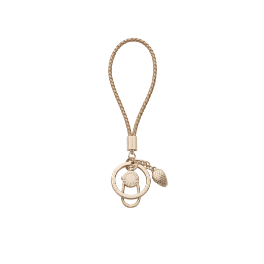 Serpenti Forever keyring in amaranth garnet red braided calf leather. Captivating snakehead charm in gold-plated brass, snap hook and key ring with double BULGARI logo. SERPENTIKEYRING image 1