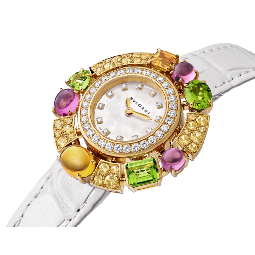 Allegra watch with 18 kt rose gold case set with brilliant-cut diamonds, 32 yellow sapphires, 3 pink tourmalines, 2 citrines and 3 peridots, mother-of-pearl dial, 12 diamond indexes and a white iridescent alligator bracelet. Water-resistant up to 30 meters 103714 image 2