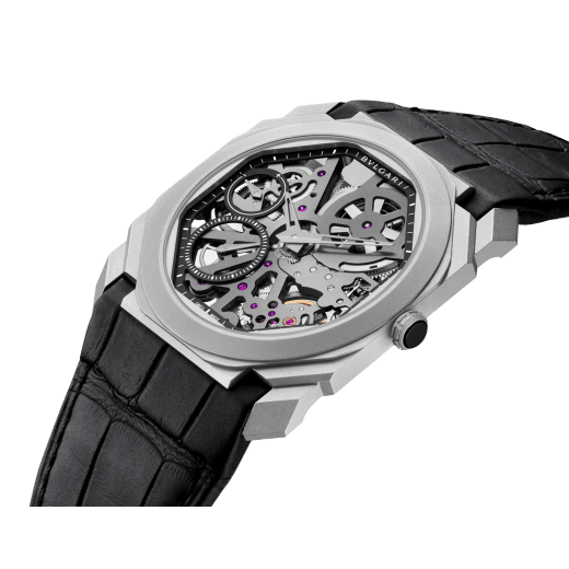 Octo Finissimo watch with ultra-thin skeletonized mechanical manufacture movement, manual winding and small seconds, titanium case, transparent dial and black alligator bracelet 102714 image 2