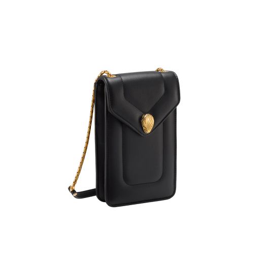 Serpenti Reverse phone case in sun citrine yellow quilted Metropolitan calf leather with linen agate beige Metropolitan calf leather interior. Captivating snakehead magnetic closure in light gold-plated brass embellished with red enamel eyes. SRV-PHONECASE image 1