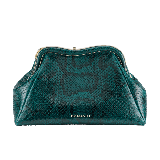 Serpentine medium pouch in teal topaz green soft and shiny python skin with violet amethyst nappa leather lining. Captivating snake body-shaped frame in gold-plated brass embellished with engraved scales and red enamel eyes on one side and teal topaz green soft shiny python skin insert on the other, with press button closure. 292583 image 3