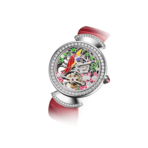DIVAS' DREAM watch with 18kt white gold mechanical manufacture skeletonized movement and tourbillon. 18 kt white gold case set with brilliant-cut diamonds, dial with hand painted parrot, flowers and leaves set with diamonds and red alligator bracelet 102517 image 1