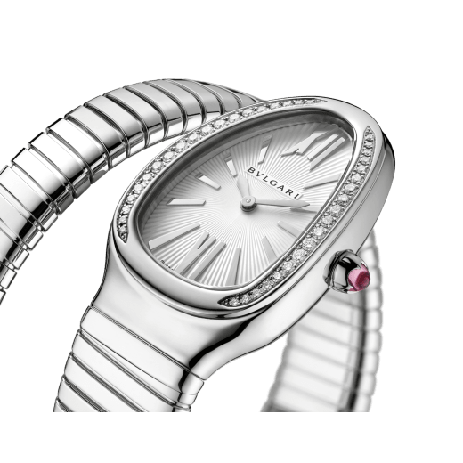 Serpenti Tubogas Lady watch, 35 mm stainless steel curved case set with diamonds, stainless steel crown set with a cabochon cut pink rubellite, silver opaline dial with guilloché soleil treatment and hand-applied indexes, single spiral stainless steel bracelet. Quartz movement, hours and minutes functions. Water proof 30 m. SrpntTubogas-white-dial2 image 3