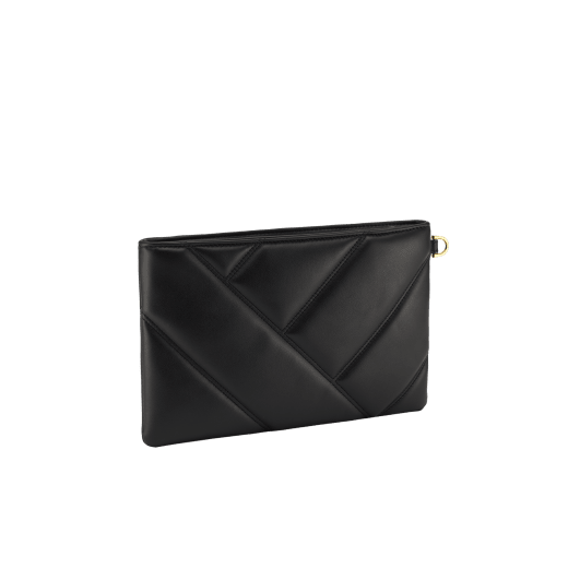 Serpenti Cabochon clutch in linden peridot yellowish green soft calf leather with a maxi matelassé pattern and moon rock light grey nappa leather interior. The clutch features a captivating snakehead rivet in light gold-plated brass embellished with red enamel eyes, zip closure. SCB-POUCHCABOCHON image 3