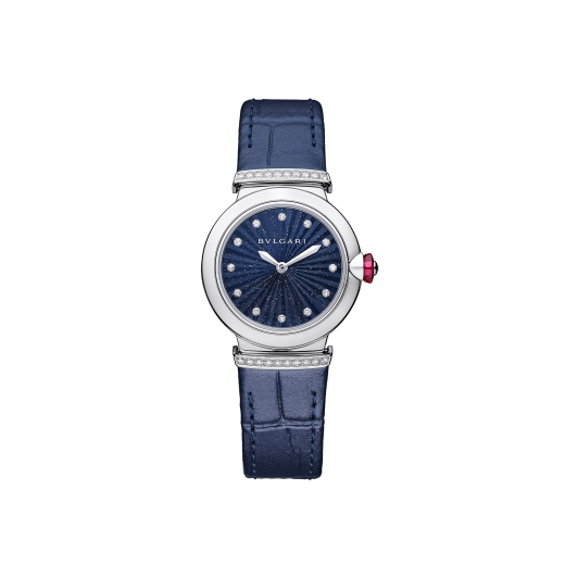 LVCEA watch with stainless steel case, stainless steel links set with brilliant-cut diamonds, blue aventurine marquetry dial, 12 diamond indexes and blue alligator bracelet. Water-resistant up to 50 metres. 103617 image 1