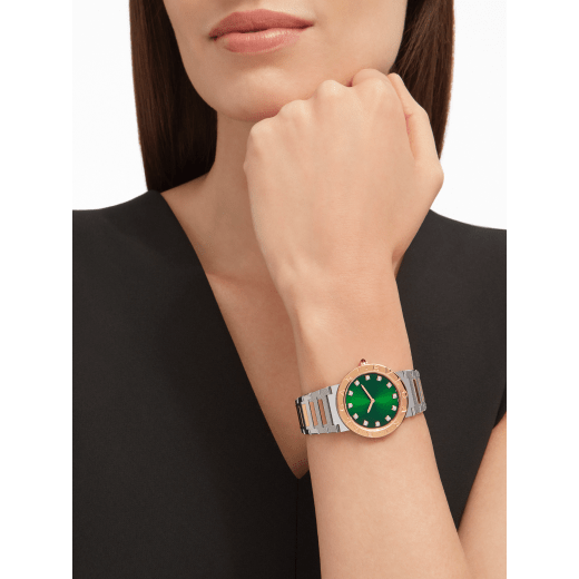 BVLGARI BVLGARI LADY watch with quartz movement, 33 mm 18 kt rose gold and stainless steel case, 18 kt rose gold crown set with a pink cabochon-cut stone, 18 kt rose gold bezel engraved with double logo, green satiné soleil lacquered dial, diamond indexes, stainless steel and 18 kt rose gold bracelet with folding buckle. Water-resistant up to 30 meters. 103202 image 4