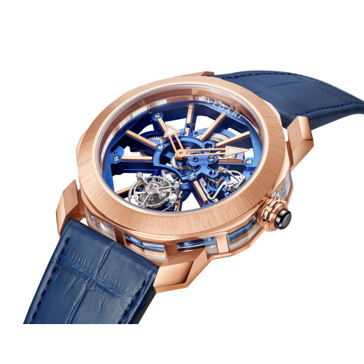 Octo Roma Tourbillon Sapphire watch with mechanical manufacture skeletonised movement with manual winding and flying tourbillon, 44 mm 18 kt rose gold case, sapphire middle case, blue calibre decorated with 18 kt rose gold indexes on the bridges and blue alligator strap. Water-resistant up to 50 metres. 103699 image 3