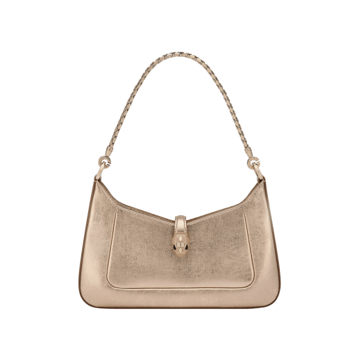 Serpenti Baia small shoulder bag in silver Striated calf leather with foggy opal grey nappa leather lining. Captivating snakehead magnetic closure in light gold-plated brass embellished with brushed grey enamel and light gold-plated brass scales and black onyx eyes; additional zipped top closure. SEA-001-1274S-STRI image 1
