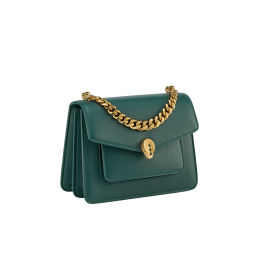 Serpenti Forever Maxi Chain small crossbody bag in flash diamond white grained calf leather with foggy opal gray nappa leather lining. Captivating snakehead magnetic closure in gold-plated brass embellished with white mother-of-pearl scales and red enamel eyes. 1134-MCGC image 2