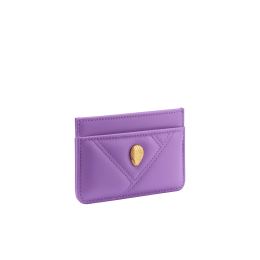 Serpenti Cabochon card holder in sheer amethyst lilac calf leather with a maxi quilted pattern and watercolour opal light blue nappa leather lining. Captivating snakehead rivet in gold-plated brass embellished with red enamel eyes. SCB-CCHOLDERa image 1