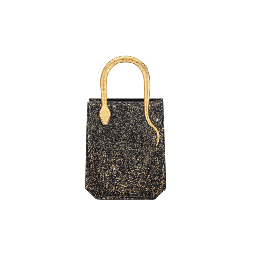 Serpentine mini tote bag in black with black crystals inserts hand-set on suede leather and black nappa leather lining. Captivating snake body-shaped handles in light gold-plated brass embellished with engraved scales and red enamel eyes. 293916 image 1