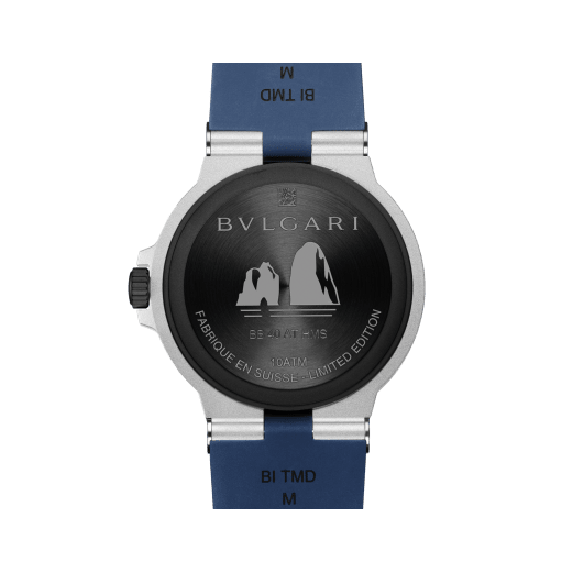 Bvlgari Aluminium Capri Edition watch with mechanical manufacture movement, automatic winding, 40 mm aluminum case, dark blue rubber bezel and bracelet, and blue shaded dial. Water-resistant up to 100 meters. Special Edition limited to 1,000 pieces 103815 image 4