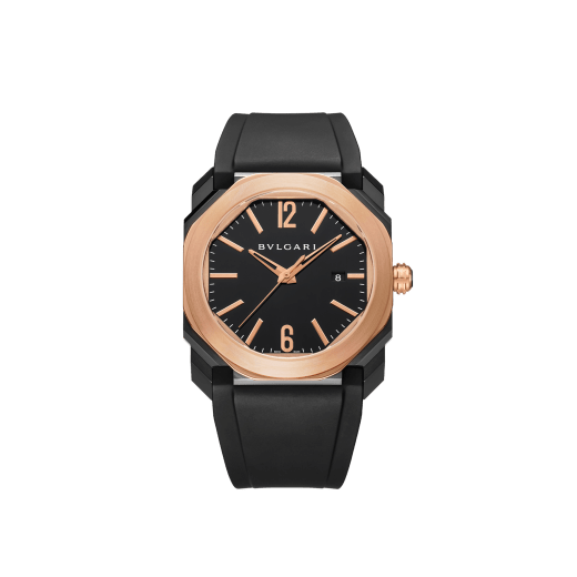 Octo watch with mechanical manufacture movement, automatic winding and date, stainless steel case treated with black Diamond Like Carbon, 18 kt rose gold bezel, black lacquered dial and black rubber bracelet. 102485 image 1