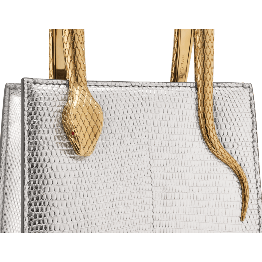 Serpentine mini tote bag in beetroot spinel fuchsia degradé lizard skin with azalea quartz pink nappa leather lining. Captivating snake body-shaped handles in light gold-plated brass embellished with engraved scales and red enamel eyes. SRN-1223-LD image 5