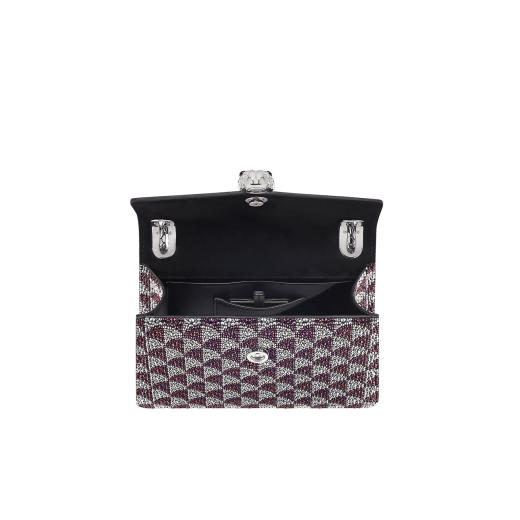 Serpenti Forever Day-to-night small shoulder bag in midnight plum and silver Calla Crystals pattern applied on black suede and black nappa leather lining. Captivating snakehead magnetic closure in palladium-plated brass embellished with diamond-cut engraving on the scales, and black onyx eyes. SEA-1281-CALLACRIS image 3