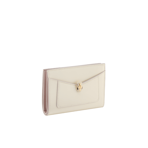 Serpenti Forever folded card holder in light gold Striated calf leather with linen agate nappa leather interior. Captivating snakehead décor in light gold-plated brass embellished with champagne enamel and light gold-plated brass scales, and black enamel eyes; press-button closure. SEA-CC-HOLD-FOLD-R image 1