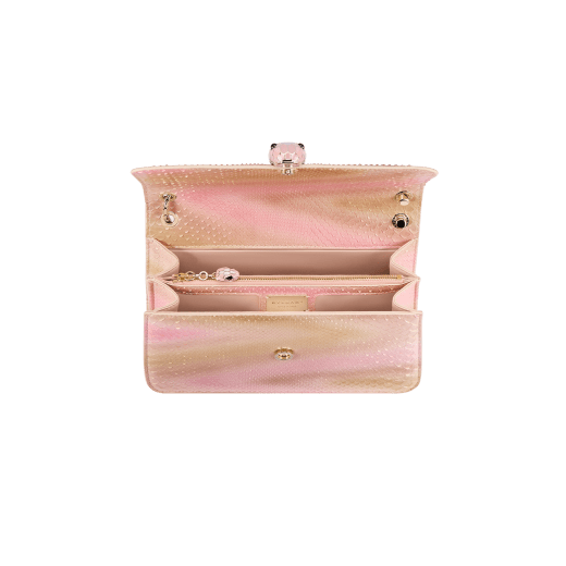 Serpenti Forever medium shoulder bag in pyrite Decò gold python skin with crystal rose nappa leather lining. Captivating snakehead magnetic closure in light gold-plated brass embellished with caramel topaz beige and white mother-of-pearl enamel scales, and black onyx eyes. 292077 image 4