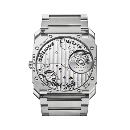 Octo Finissimo Automatic Uhr mit extraflachem mechanischen Manufakturwerk (2,23 mm hoch), Automatikaufzug, 40 mm Gehäuse und Armband aus seidenmattem Edelstahl sowie strichmattiertem Zifferblatt aus rhodiniertem Messing mit Entwurf des Uhrwerks. Wasserdicht bis 100 Meter. Special Edition von 280 Exemplaren 104163 image 4