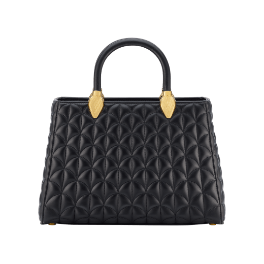 Serpentine Day Duo top handle bag in black calf leather with Calla matelassé motif and black nappa leather lining. Captivating double-head snake body-shaped handles in gold-plated brass embellished with matching calf leather inserts. SRN-001-1315M image 1