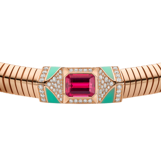 Bvlgari Tubogas 18 kt rose gold necklace set with a central rubellite, chrysoprase inserts and pavé diamonds CL860177 image 3