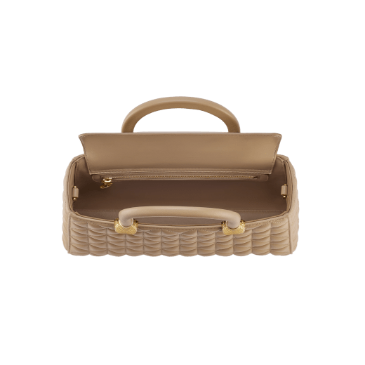 Serpentine Day Duo top handle bag in black calf leather with Calla matelassé motif and black nappa leather lining. Captivating double-head snake body-shaped handles in gold-plated brass embellished with matching calf leather inserts. SRN-001-1315M image 3
