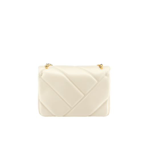 "Serpenti Cabochon" small maxi chain crossbody bag in soft quilted Ivory Opal white calf leather, with a maxi graphic motif, and black nappa leather internal lining. New Serpenti head closure in gold plated brass, finished with small white mother-of pearl scales in the middle and red enamel eyes. 1165-NSMb image 3
