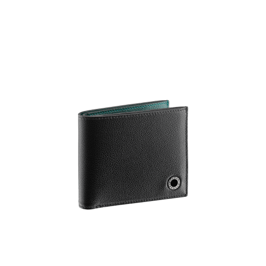 BULGARI BULGARI Man hipster compact wallet in black Urban grain calf leather with forest emerald green Urban grain calf leather interior. Iconic dark ruthenium plated-brass décor enamelled in matte black, and folded closure. BBM-WLT2FASYMa image 1