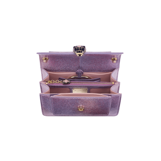 “Serpenti Forever” crossbody bag in rainbow-coloured "Spring Shade" python skin, with Lavender Amethyst lilac nappa leather inner lining. Tempting snakehead closure in gold-plated brass enhanced with lilac and white agate enamel and black onyx eyes. 1082-MK image 4