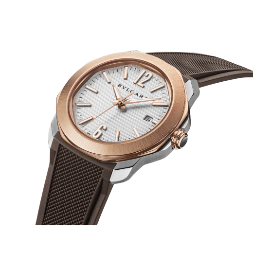 Octo Roma watch in stainless steel with additional interchangeable brown rubber strap, 18 kt rose gold bezel and grey Clous de Paris dial. Mechanical manufacture movement with automatic winding. Water-resistant up to 100 metres. 103928 image 6