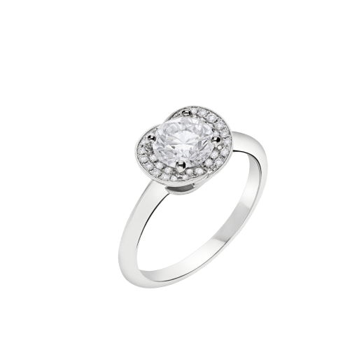 Incontro d'Amore platinum ring set with a round brilliant-cut diamond and a halo of pavé diamonds. 355409 image 2