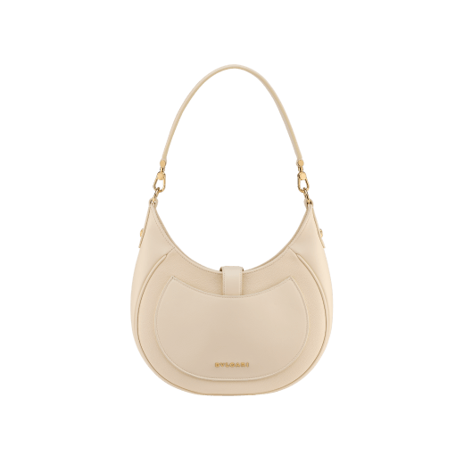Serpenti Ellipse medium shoulder bag in Urban grain and smooth ivory opal calf leather with flamingo quartz pink gros grain lining. Captivating snakehead closure in gold-plated brass embellished with black onyx scales and red enamel eyes. 1190-UCL image 4