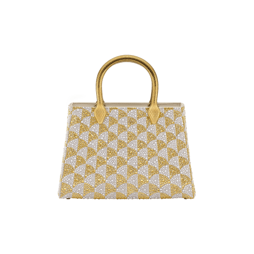 Serpentine Duo tote bag in multicolour Calla Crystals pattern on suede and black nappa leather lining. Captivating double-head snake body-shaped handles in gold-plated brass embellished with engraved scales. SRN-001-1308S-CRYS image 1