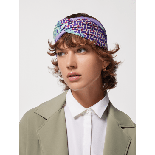 Sun double-faced headband in fine, printed sheer amethyst purple silk twill. SUNHEADBAND image 1