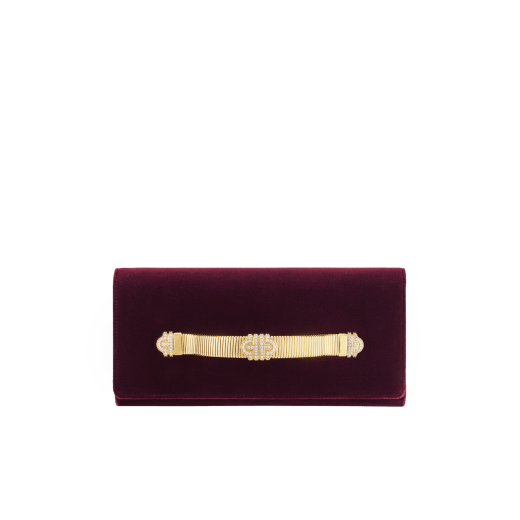 Pochette de soirée Bvlgari Tubogas en velours prune nuit avec doublure en cuir nappa de la même couleur. Poignée Tubogas emblématique en laiton doré ornée de zircones et d’un fermoir magnétique. 295712 image 1