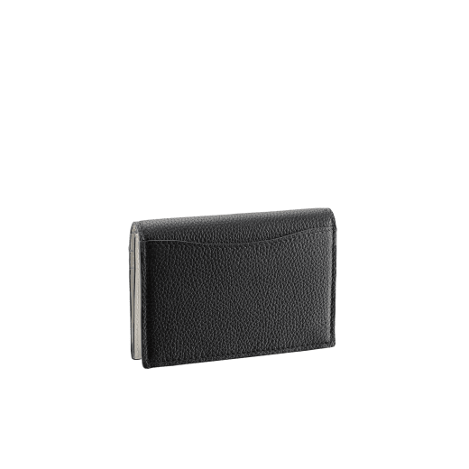 "BVLGARI BVLGARI" business card holder in black soft full grain calf leather and white agate calf leather, with brass palladium plated logo décor coloured in white agate enamel. BBM-BC-HOLD-SIMPLE-sfgcl image 3