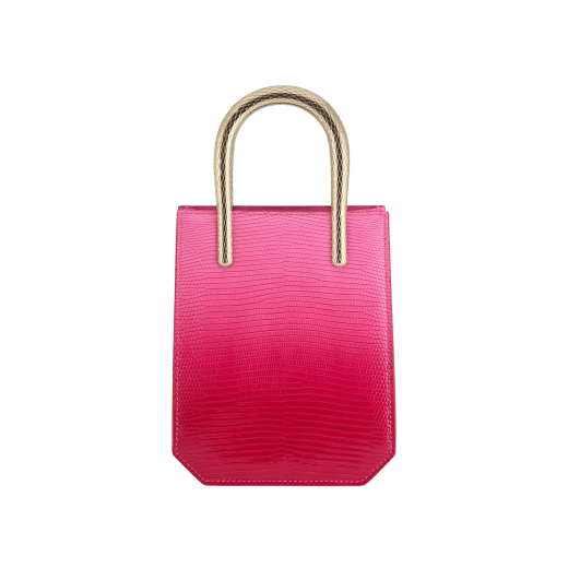Serpentine mini tote bag in beetroot spinel fuchsia degradé lizard skin with azalea quartz pink nappa leather lining. Captivating snake body-shaped handles in light gold-plated brass embellished with engraved scales and red enamel eyes. SRN-1223-LD image 3