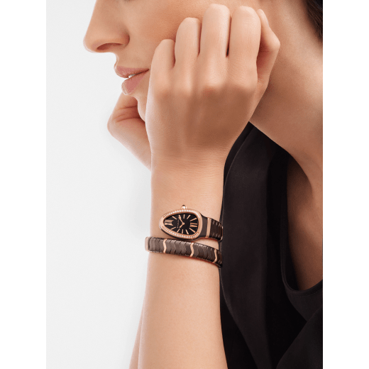 Serpenti Spiga single-spiral watch with treated ceramic case, 18 kt rose gold bezel set with diamonds, brown dial and treated ceramic bracelet with 18 kt rose gold elements 103060 image 2