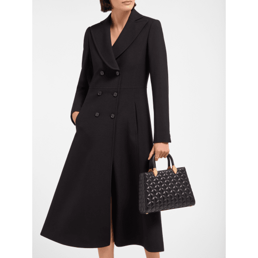 Serpentine Day Duo top handle bag in black calf leather with Calla matelassé motif and black nappa leather lining. Captivating double-head snake body-shaped handles in gold-plated brass embellished with matching calf leather inserts. SRN-001-1315M image 1