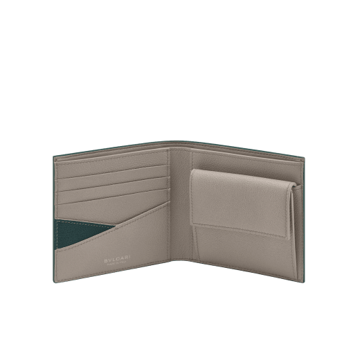 BULGARI BULGARI Man compact wallet in forest emerald green Urban grain calf leather with foggy opal grey Urban grain calf leather interior. Iconic dark ruthenium-plated brass décor enamelled in matte black, and folded closure. BBM-WLTITALASYMb image 2