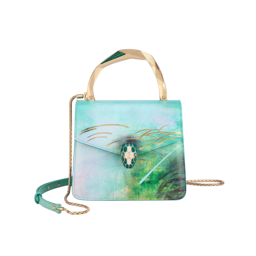 Zhou Li x Bulgari Serpenti Forever Ocean small top handle bag in ocean blue calf leather with abstract print envisioned by the artist; Splish Splash light blue calf leather sides and rosa di Francia pink nappa leather lining. Captivating snakehead magnetic closure in light gold-plated brass embellished with nosegay pink and white agate enamel scales and green malachite eyes; light gold-plated brass geometric top handle reimagined by the artist with pink quartz inlays. Limited Edition. 752-ZhouLi image 1