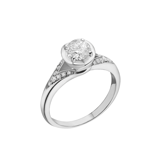 Incontro d’Amore ring in platinum with round brilliant-cut diamond and pavé diamonds. Available from 0.20 ct. As its pavé rows embrace a diamond apex, Incontro d’Amore joins two hearts as one. 352160 image 1
