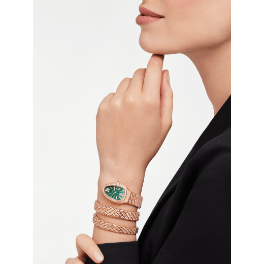 Serpenti Spiga double-spiral watch with 18 kt rose gold case set with diamonds, malachite dial and 18 kt rose gold bracelet partially set with brilliant-cut diamonds. Water-resistant up to 30 metres. Small size SERPENTI-SPIGA-2T image 6